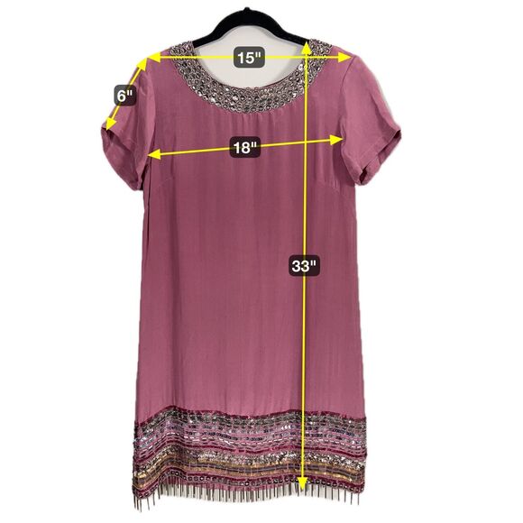 Nicole Miller Artelier Silk Shift Mini Dress M Beaded Retro Indie Maximalist Y2K - Picture 13 of 13